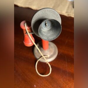 Rare antique children’s toy candlestick phone. Wood handle, aluminum frame, cord